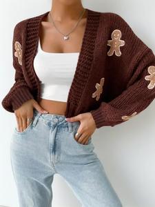Women's Cartoon Print Drop Shoulder Fit Cardigan, Casual Style Long Sleeve Open Front Knitwear for Fall, Valentine's Day Gift for Girl, Women's Knit Clothing for Daily Wear, Womenswear, Tops
