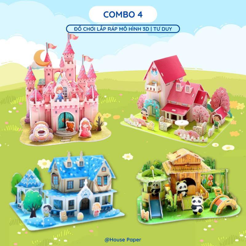  Combo 4 Mô Hình Lắp Ráp  NEW : Nhà Gấu Trúc - Nhà Xanh - Biệt Thự Mái Hồng - Lâu Đài Hồng - Đồ chơi thông minh lắp ráp mô hình 3D Bộ Lắp Ráp Tháo Lắp 