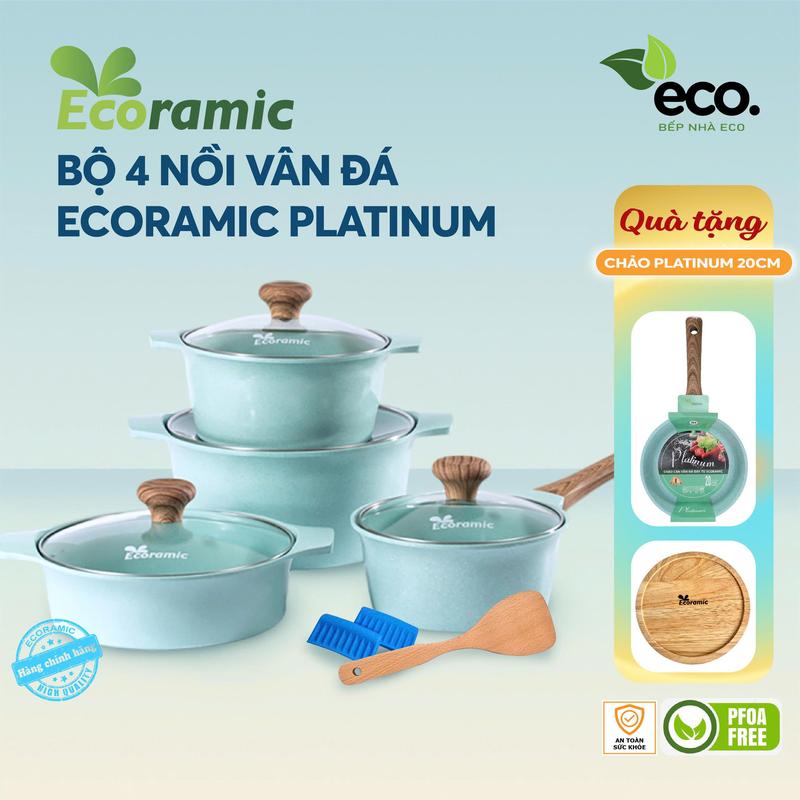Bộ 4 Nồi Vân Đá Cao Cấp Ecoramic Platinum, 7 Lớp Chống dính - Xanh Pastel