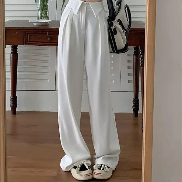 celana setelan kerah Celana setelan hitam wanita Celana wanita gaya korea celana lurus kaki lebar pinggang tinggi Panjang Standar Putih Polyester 4