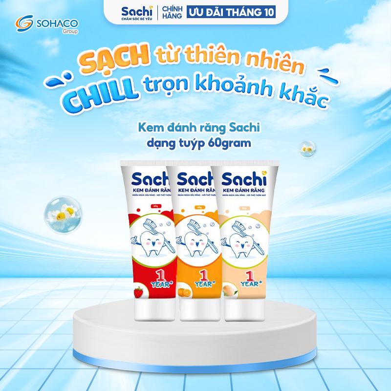 Kem đánh răng Sachi dạng tuýp 60 gram hỗ trợ làm sạch, ngừa sâu răng, khử mùi hôi miệng, an toàn cho bé