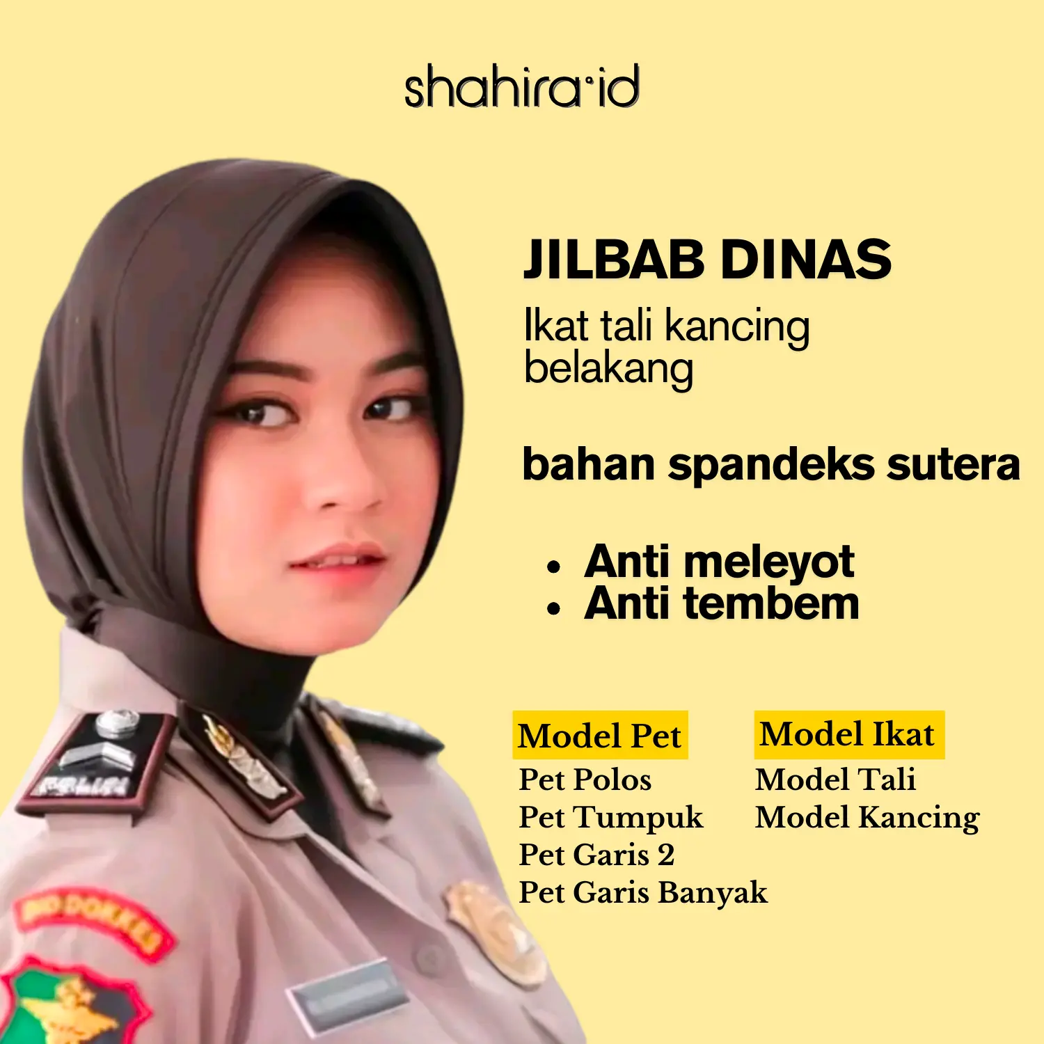 Jilbab Dinas Polwan Pns Polri Bidan Perawat Bhayangkari Ikat Tali Kancing Pad Tumpuk Garis Polos Anti Tembem Bahan Spandex Sutra Premium Muslim Nyaman - Busa, Tebal