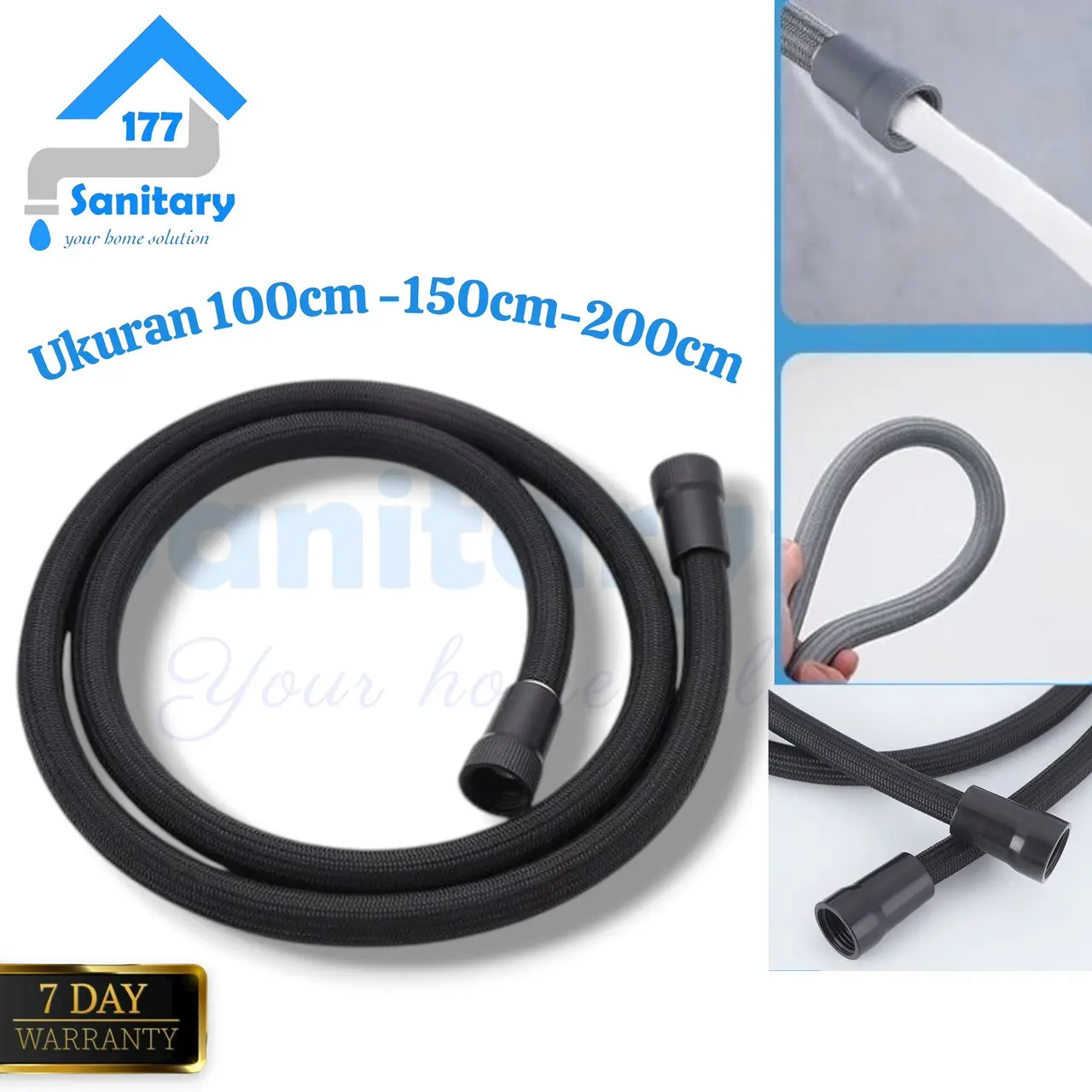 Selang shower HT 100cm 150cm 200cm hitam - fleksibel 1/2 inch  flexible selang air lubang gede hose 1 meter 2meter kloset shower mandi closet viral lentur lemes