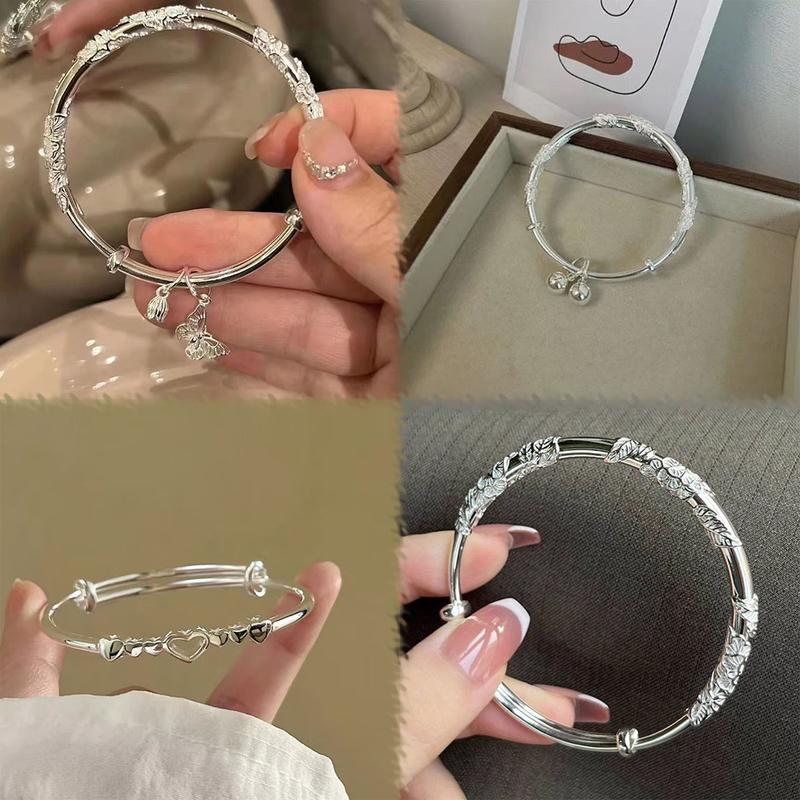 Vòng Tay Bạc, Có Thể Điều Chỉnh, Hình Hoa, Bướm Và Trái Tim Rỗng Kèm Chuông, Charm May Mắn, Dành Cho Phụ Nữ Và Trẻ Em Gái, Thích Hợp Để Đeo Hàng Ngày, Không Xỉn Màu, [Thanh Toán Khi Nhận Hàng], 1 Cái