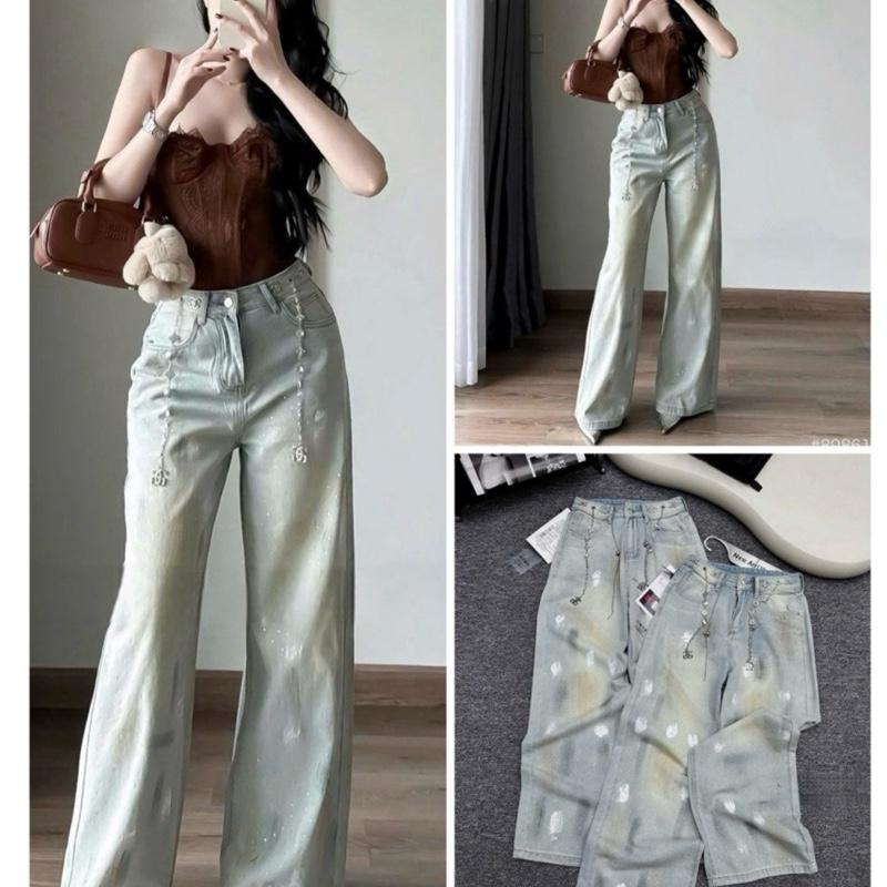 Quần jeans ống suông đính đá vẩy sơn nhũ màu siêu đẹp ,quần jeans nữ phối đai xích vừa nổi bật vừa sang chảnh Hàng QCCC # 89861 dài 104-105cm