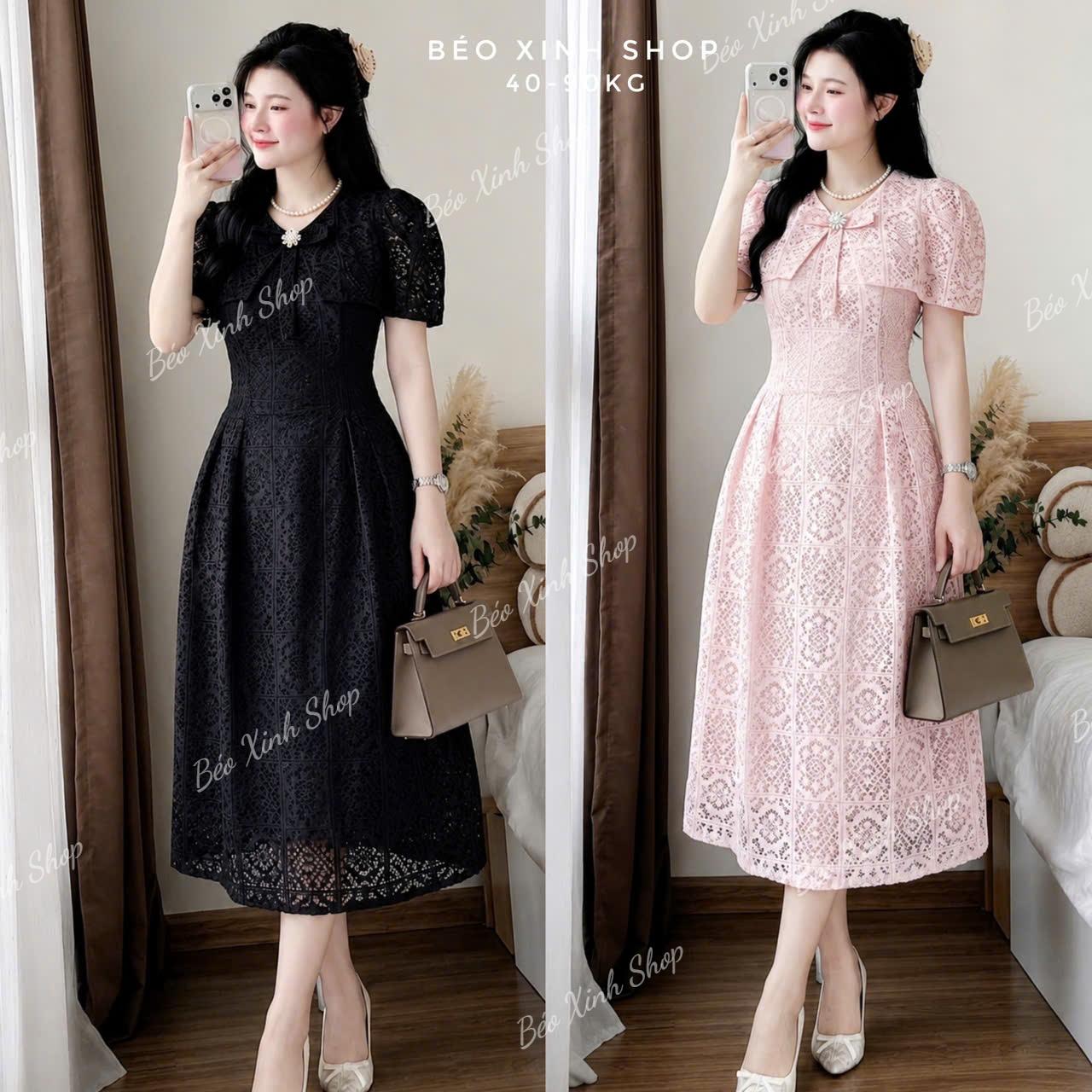 Vải Xịn Váy Ren Dự Tiệc Có Bigsize Nữ, Tay Phồng Nhẹ Phối Nơ Đính Đá Sang Chảnh 40-90 Kg Béo Xinh Shop - A.1838