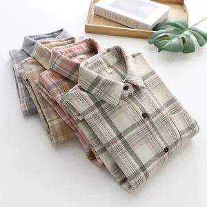 Kemeja Flanel Lengan Panjang Unisex Atasan Wanita Premium Motif Garis Kotak Kerah Formal Bahan Berkualitas Cocok Segala Musim