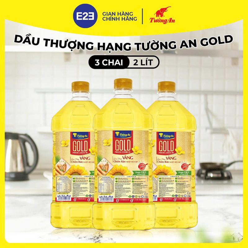 Combo Bí Quyết Giòn Tan 2: Dầu Ăn Chiên Rán Nhiệt Độ Cao Tường An Gold Thượng Hạng 2L x 3 Chai - Dùng Cho Cả Gia Đình