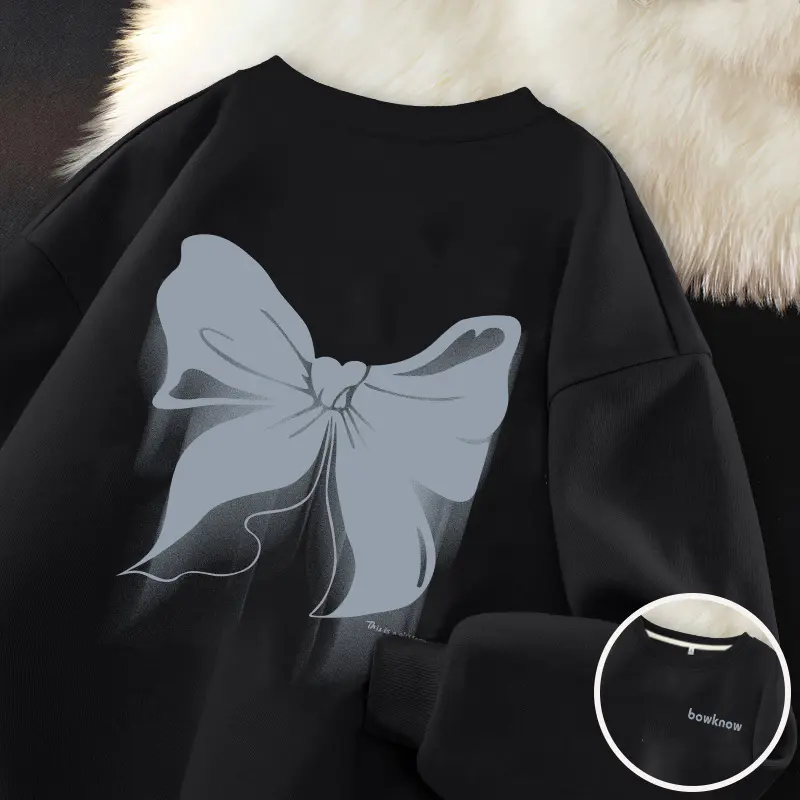 A1299 Hoodie wanita sweater hoodie leher bulat wanita /Busur biru manis/ sweater gaya kebesaran kasual modis  crewneck cewek aesthetic