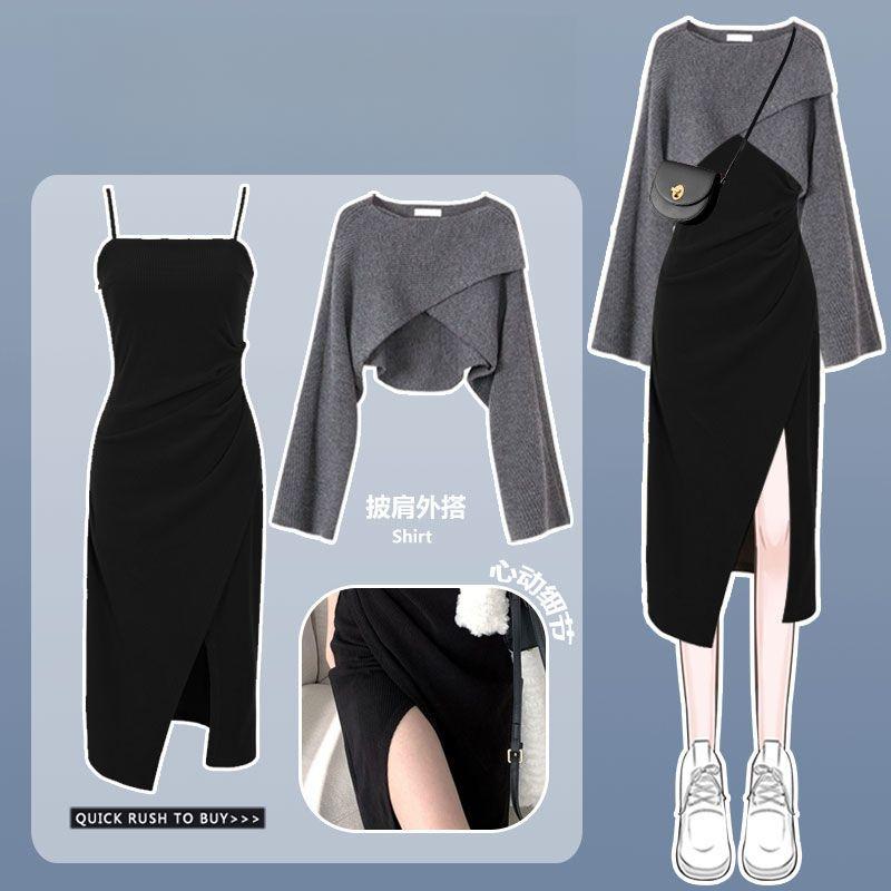Product Introduction of Oversized Fat Sister Autumn Set for Women 2023 New Knitted Sweater Sweater for Women Slim Slim Drop Dress Two Piece Set 3