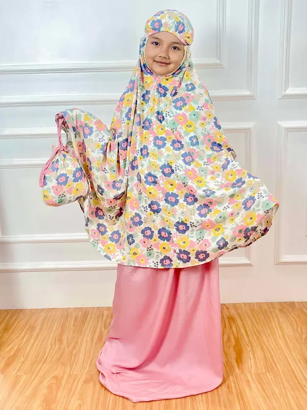 Mukena Anak Flower Series 2 in 1 Bahan Rayon Premium Lembut Nyaman Usia 4-13 Tahun Pouch Serut By KAL COLLECTION 0