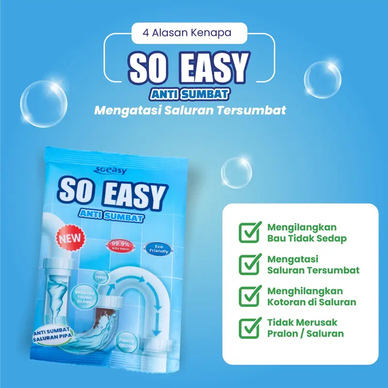 So Easy Anti Sumbat Saluran Air Pipa Mampet WC Wastafel tempat cuci Piring / Bubuk Pembersih Saluran WC Anti Mampet Anti Sumbat / SO Easy  MENGATASI MAMPET WC PIPA WASTAFEL DAN SALURAN AIR LAINNYA 1