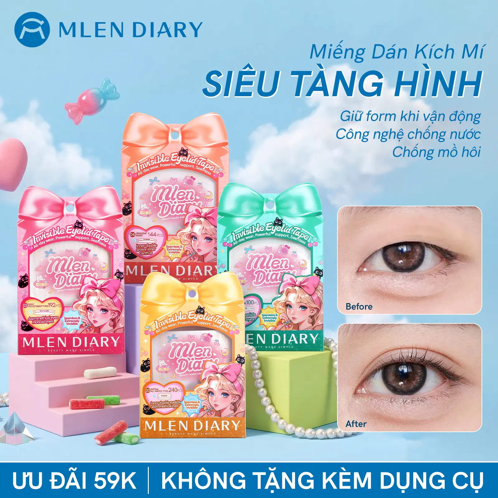 Mlen Diary - Kích Mí Lưới Miếng Dán Tàng Hình Tự Nhiên Phù Hợp Cho Mọi Dáng Mắt, Nhiều Lựa Chọn Dễ Dùng Cho Người Mới Bắt Đầu- Kích Mí Không Gây Lộ, Tự Nhiên Cả Khi Không Makeup 【Ưu đãi mua lại】
