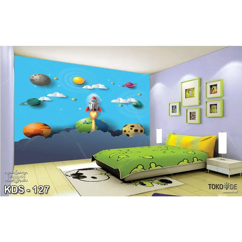 Wallpaper Dinding Custom 3D Anak laki cowok Astronot Walpaper Planet Antariksa Sticker Galaxy Langit Stiker Luar Angkasa 3