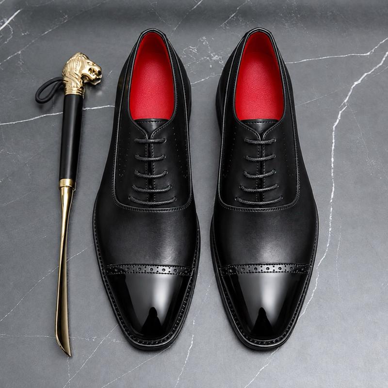 giày tây oxford da xịn cao cấp chất da bò ý thảo mộc + nội thất da đỏ, Giày tây nam buộc dây balmoral captoe đế đỏ cao cấp lịch lãm