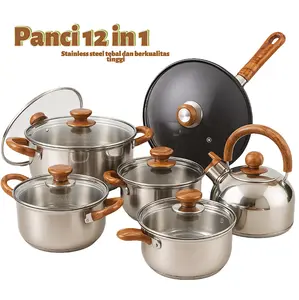 Panci Set Dapur 12 Pcs Stainless Steel + Teko Kayu + Wajan Teflon Lengkap Kaca Penggorengan Perlengkapan Kitchenware