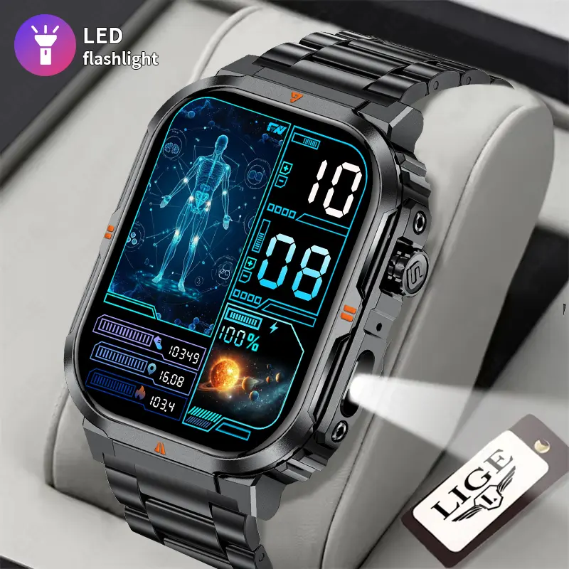 LIGE Jam Tangan Pintar Pria 2,01 inci Layar Sentuh Penuh Panggilan Bluetooth Pemantauan Kesehatan Olahraga Luar Ruangan Gelang Pintar Tahan Air Smartwatch