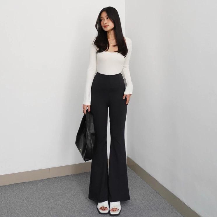NORA Celana Fit And Flare Pants Cutbray Scuba Pinggang Highwaist Bahan Stretch Melar Elastis Kulot Cutbray Scuba NORA - Karet, Kaki 4