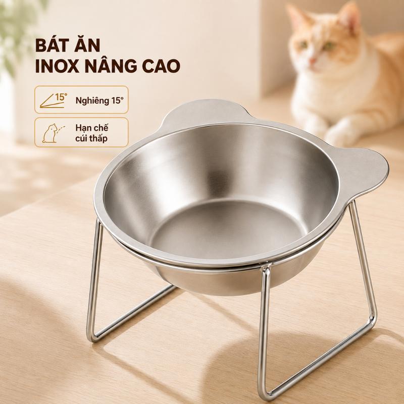 Bát Ăn Mèo Nâng Cao 11cm Nghiêng 15° - Bát Inox Chống Trào Ngược Bảo Vệ Cổ, Tháo Rời Dễ Vệ Sinh Cho Mèo & Chó Nhỏ