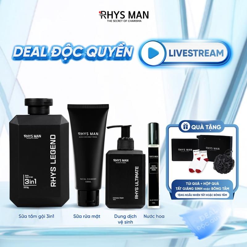 DEAL ĐỘC QUYỀN LIVESTREAM Combo Nam Tính dành cho nam giới RHYS MAN - Sữa tắm gội nam 3 in 1 350ml & Gel rửa mặt nam 100ml & Dung dịch vệ sinh nam 120ml & Nước hoa nam 10ml