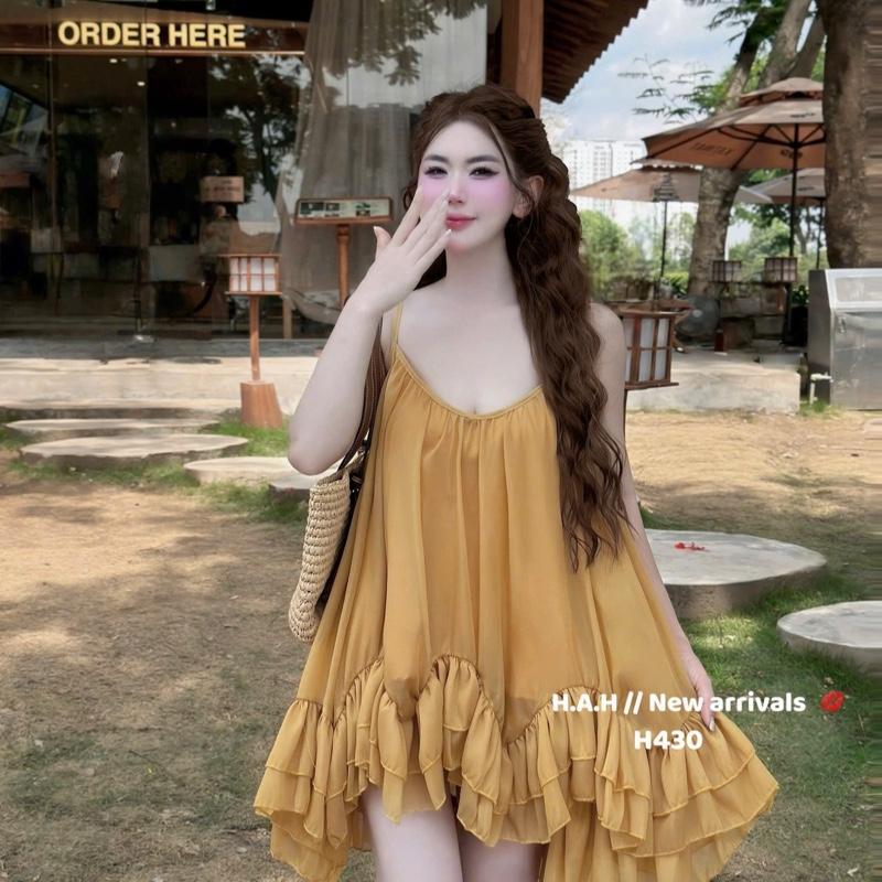 Tặng quần bảo hộ Đầm 2 dây babydoll dáng suông Váy 2 dây dáng suông xoè tầng kèm quần