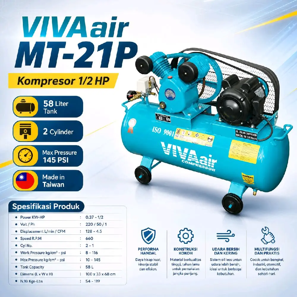 Viva Air Kompresor Angin MT-21P Automatic 1/2HP 58Liter 220V 128L/min Kualitas Terjamin Asli Taiwan
