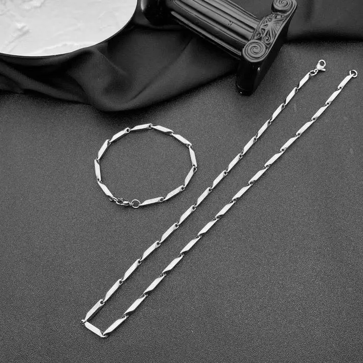Kalung Titanium Pria Wanita SATU Set Simple Style Model Rantai Padi Stainless steel Silver Anti Karat Terlaris 2