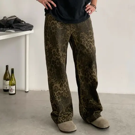 Seluar Jeans Lelaki, Rekaan Berbintik Corak Leopard, Gaya Retro Amerika, Seluar Lurus dan Kaki Lebar, Uniseks, Sesuai untuk Belia dan Lelaki Dinamik, Saiz S-3XL, Pakaian Lelaki, 2024   freedom
