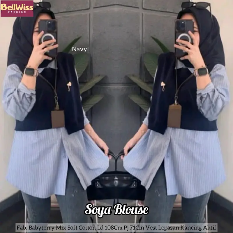 Soya Kemeja Blouse Set Inner Plus Vest Motif Garis Salur Tebal Premium 2