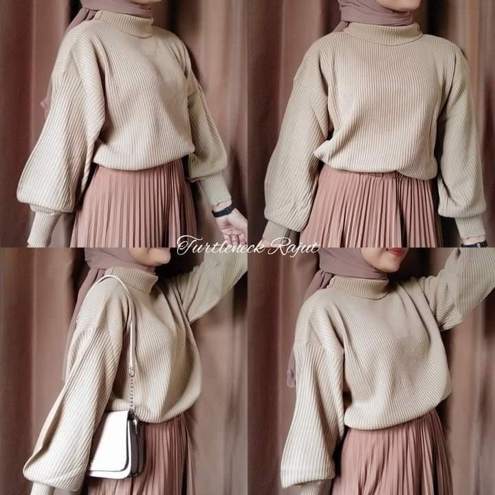 Bayoneta Sweater Rajut Balon Atasan Wanita  Kerah Turtle Salur Tangan Panjang Knitwear 1