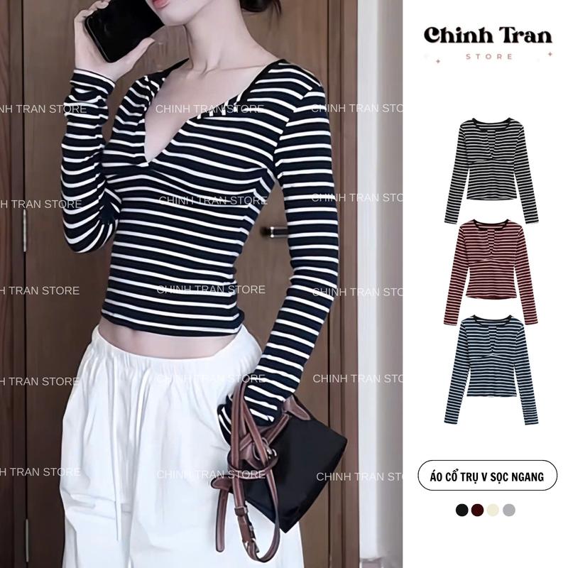 [MỞ BÁN] Áo Thun Nữ Cổ Trụ Sẻ V Tay Dài Kẻ Sọc Ngang Basic Sexy