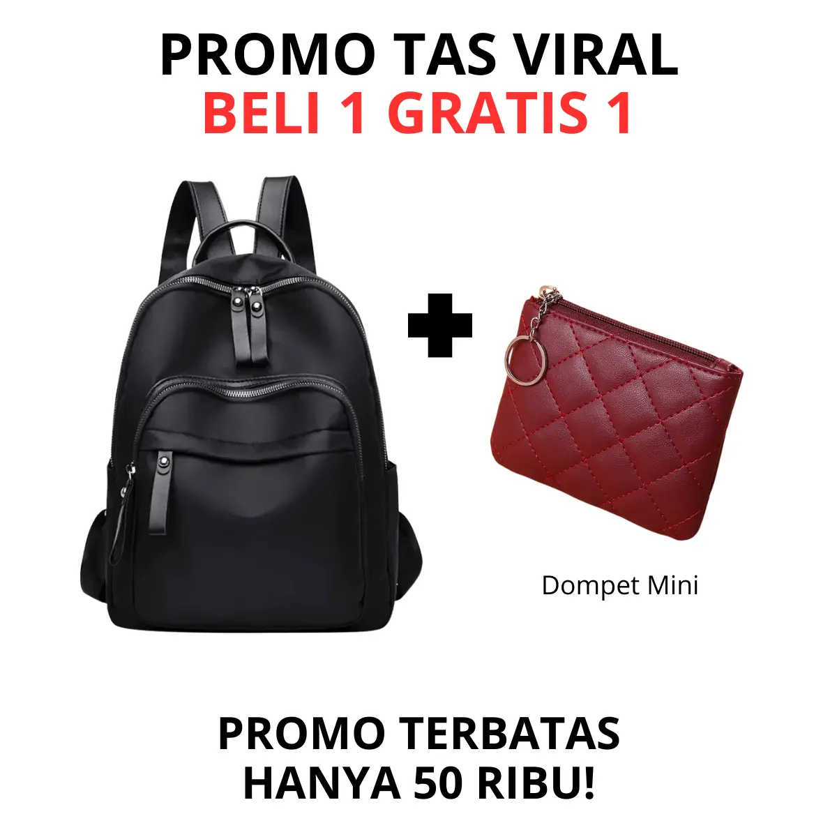 BELI LOKAL [PTV] - Ransel Laptop Wanita Motif Polos Bahan Nilon Tebal Ukuran 26x10x33 CM GRATIS Mini Dompet