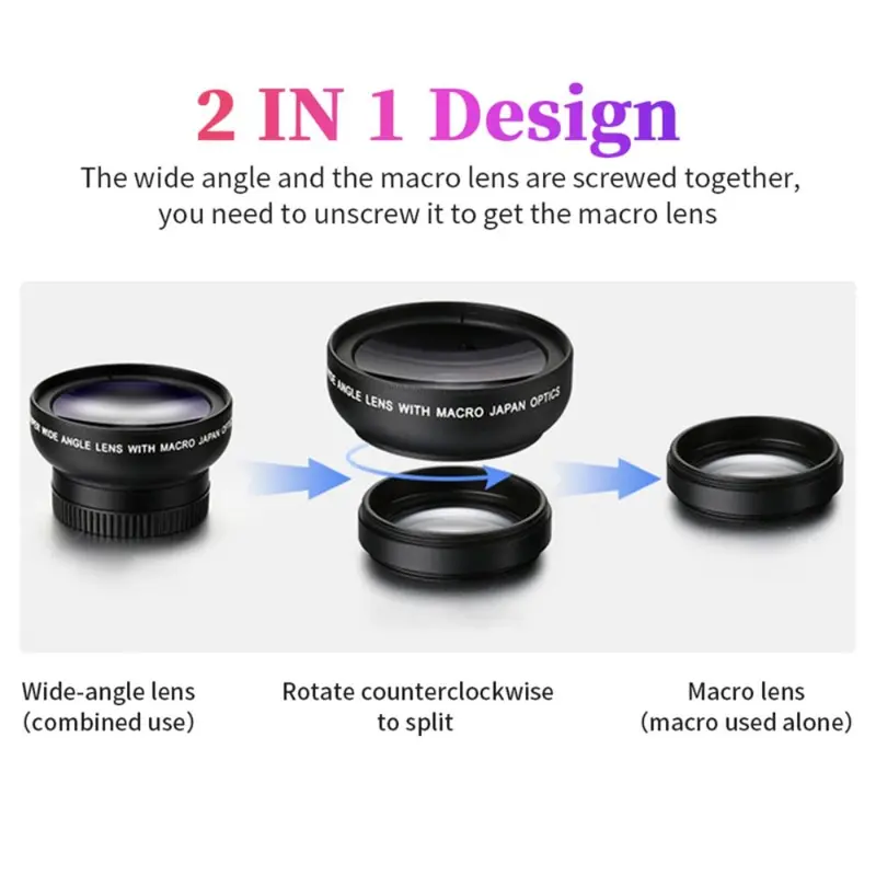 Phụ Kiện Ống Kính Điện Thoại Di Động 2 Trong 1 0,45x 49uv Kẹp Ống Kính 37Mm Ống Kính Góc Siêu Rộng + Ống Kính Macro HD Dành Cho iPhone Và Android 6