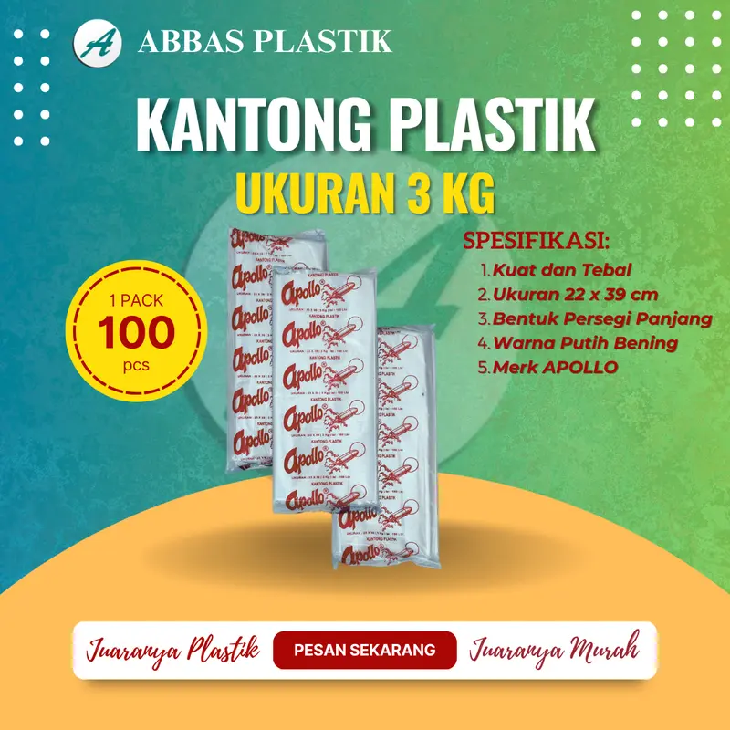Plastik Bening Merk Apollo / Ukuran 3 kg / Dimensi 27 x 39 cm/ 1 pak isi 100 pcs/ 1 ikat 5 pcs/ Penyimpanan makanan, jajan, snack dan barang 0