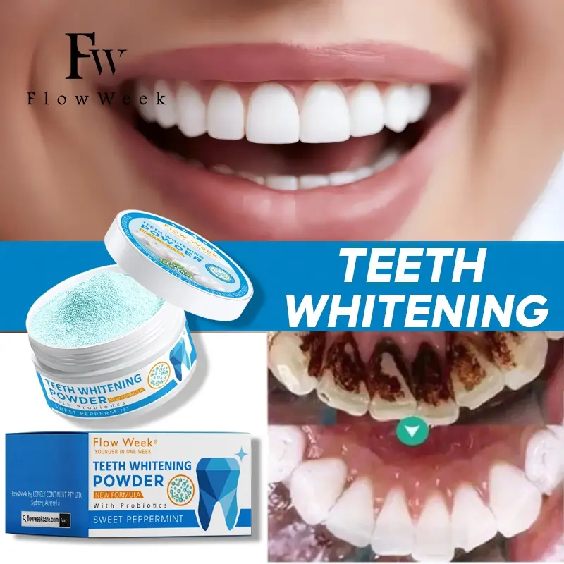 Flow Week Probiotic Tooth Powder Whitens Freshens Breath Strengthens Enamel Natural Oral Care Bright Healthy Smile Optical Color Whitening teeth  essence