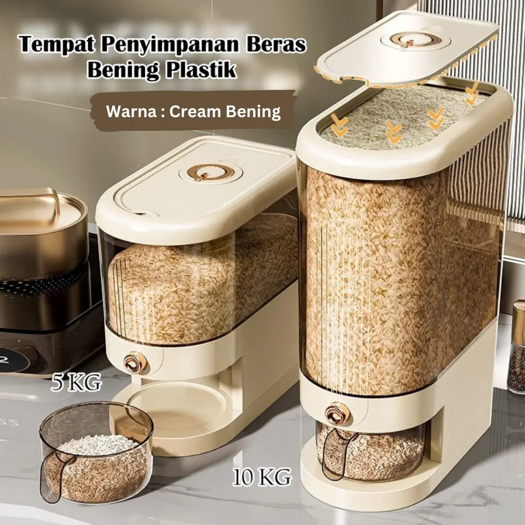 Alby Home Dispenser Beras Plastik Estetik Tempat Beras Aestetic Slim Rice Dispenser Bening Wadah Beras 5kg & 10kg Penyimpanan Putih