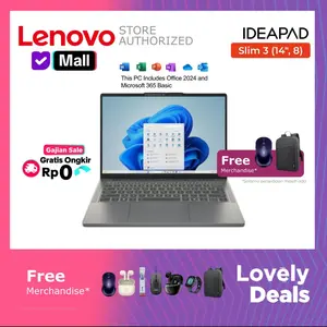 Lenovo IdeaPad Slim 3i 14IRU8 (82X6006FID) – Core i3-1315U | 8GB LPDDR5 | 512GB SSD | 14" FHD TN | Win11 + Office 2024 + M365 | Arctic Grey | Laptop tipis untuk pelajar, kerja kantoran, dan penggunaan harian dengan performa efisien & hemat daya