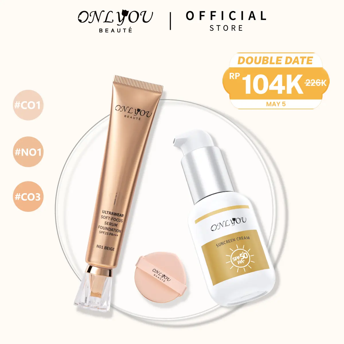 【NEW UPGRADE】【BPOM Certification】ONLYOU PAKET ONLYOU Serum Foundation concealer foundation, moisturizing, long-lasting anti-sweat BB cream, natural brightening + ONLYOU Sunscreen CreamSPF50+/can be used as makeup primer and isolation cream 3 in 1【COD】
