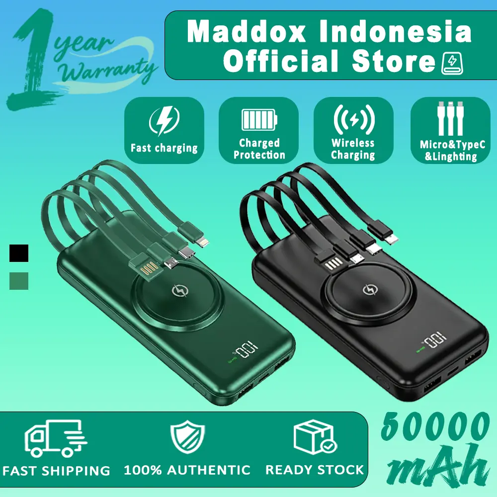 Powerbank pengisian daya nirkabel dengan empat kabel Type-C pengisian cepat 50000mAh untuk Android dan iPhone, pengisian daya magnetik Powerbank