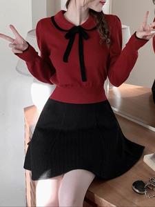 レディース 秋冬 カラーブロック 襟付きセーター プルオーバー、小さな折り返し襟デザイン、カジュアルに快適なニットウェア