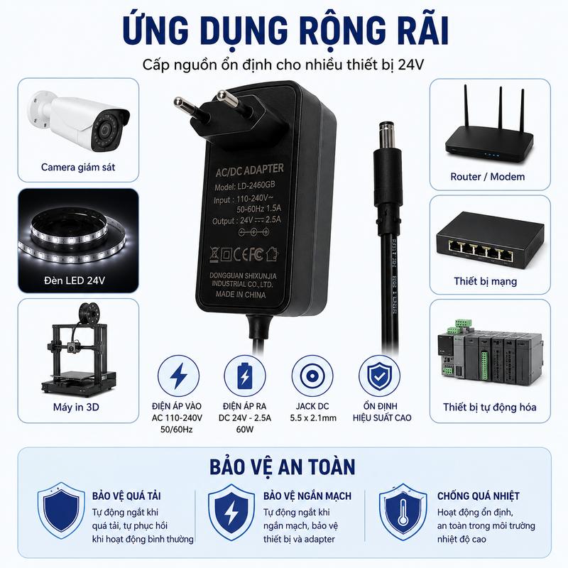 Adapter Nguồn 24V 2.5A 60W AC/DC Jack DC 5.5x2.1mm - Nguồn 24V Loại Tốt