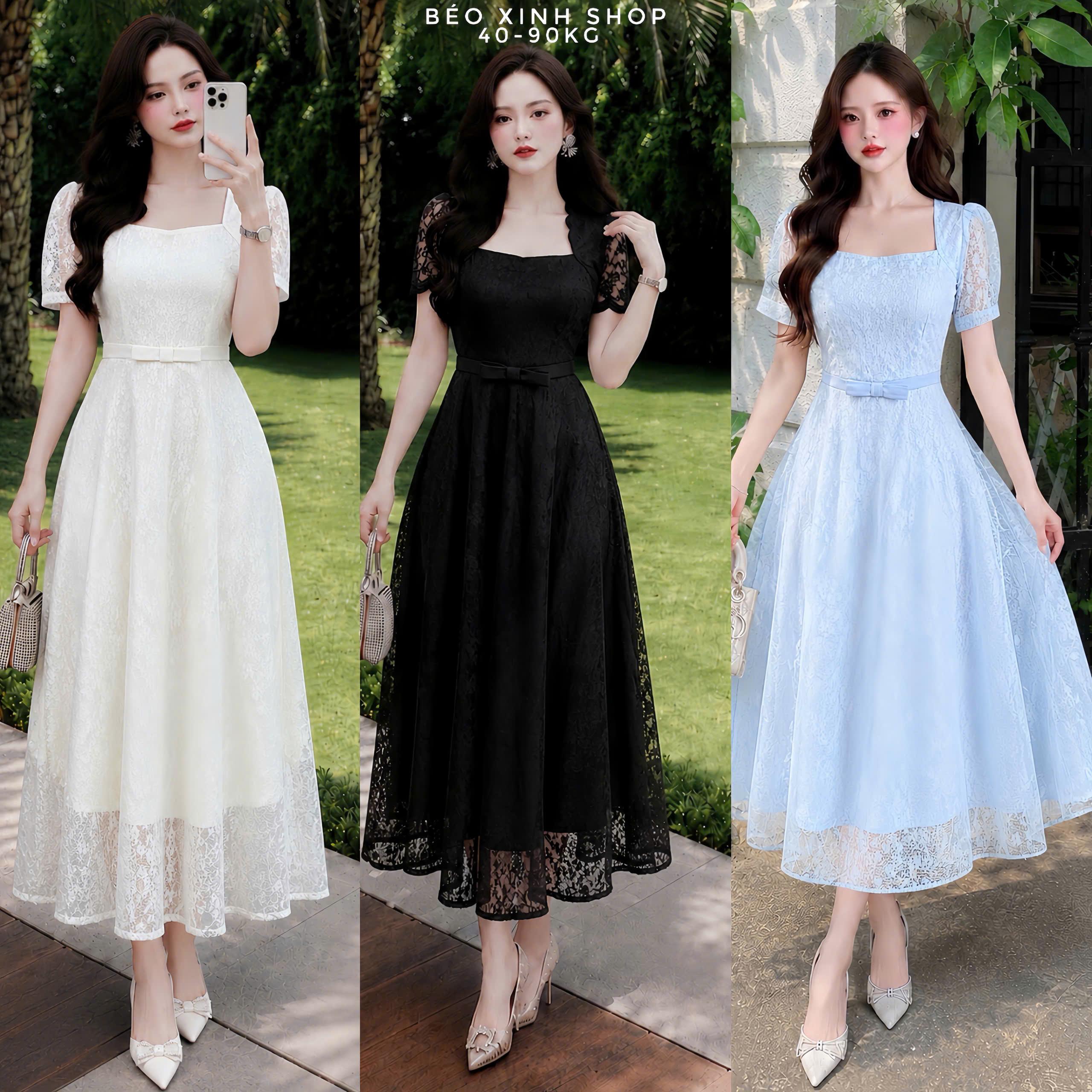 Đầm Ren 2 Lớp Cổ Vuông Tay Ren Phồng, Form Xòe Nơ Eo Thanh Lịch Bigsize 40-90kg - A.1869