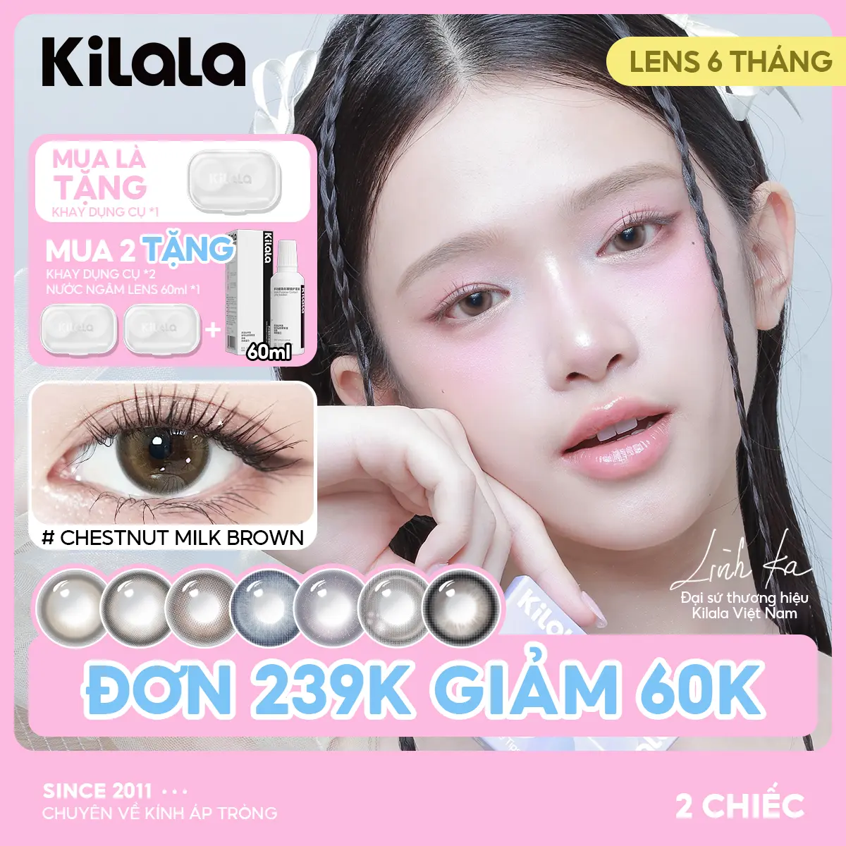 Kính áp tròng Kilala lens 6 tháng màu Đen Nâu Xám Tím DIA 14.2-14.5mm độ cận 0-7 lens tự nhiên thích hợp đeo hàng ngày được Linh Ka lựa chọn Nữ Women [Lens được Linh Ka yêu thích]