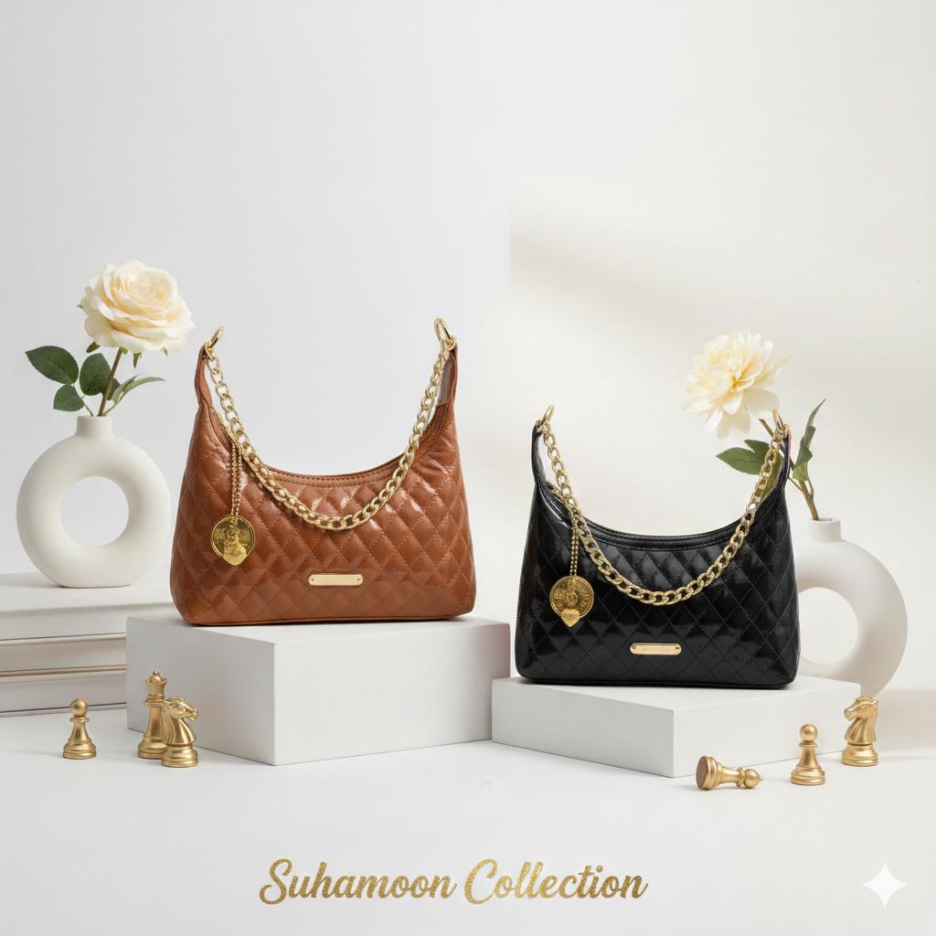 [Spesial Live] HkTas x Suhamoon - Tas Mini Glossy Viral Sling Bag Rantai / Tas Selempang Wanita Minimalis Kulit PU / Miniatur Shoulder Bag Free Charm Bag / Free Bag Strap