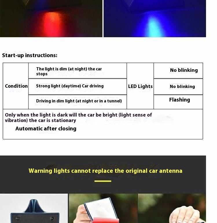 Product Introduction of Car solar flashing light decoration shark fin antenna anti rear end collision roof light LED tail wing modification warning light 5