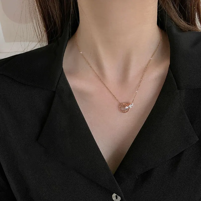 Japanese and Korean simple literature and art Roman numeral double ring necklace female same titanium steel chain