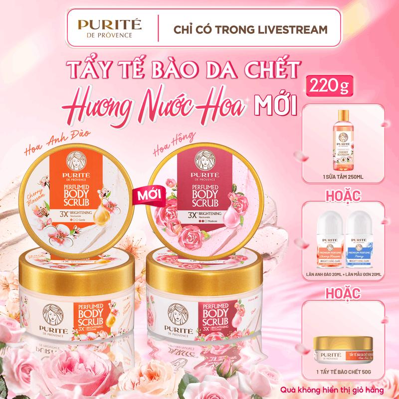 K MỚI Tẩy Tế Bào Da Chết Dưỡng Sáng Purité Hương Nước Hoa Anh Đào Hoa Hồng 220G Tặng 2 Lăn Khử Mùi 20ml Sữa Tắm 250ml Tẩy Tế Bào 50G