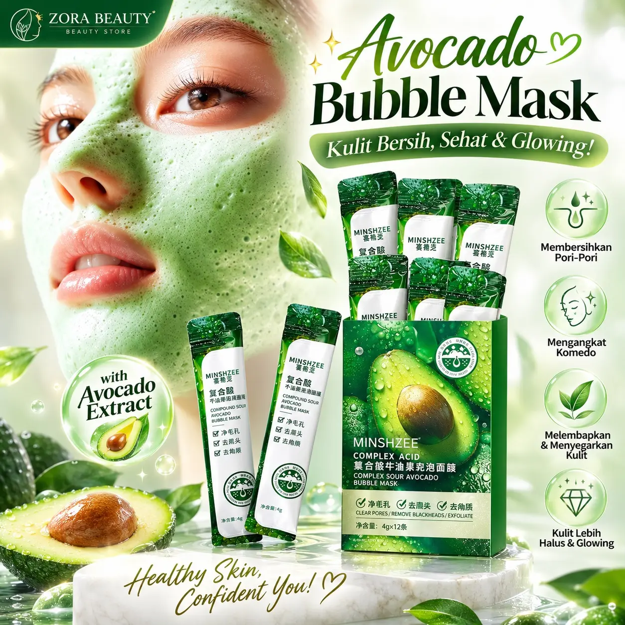 Zora Beauty - (COD) 12 pcs Free Box Complex Acid Avocado Bubble Magic Mask Family Blessing Masker Wajah Berbusa, Melembabkan, Menghidrasi, Mengecilkan Pori-Pori