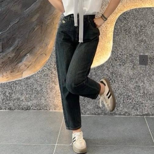 9126 LIVE BIGGSIZE Quần baggy jeans nữ dáng thụng cạp cao quần jeans baggy không dãn thêu chữ tạo kiểu