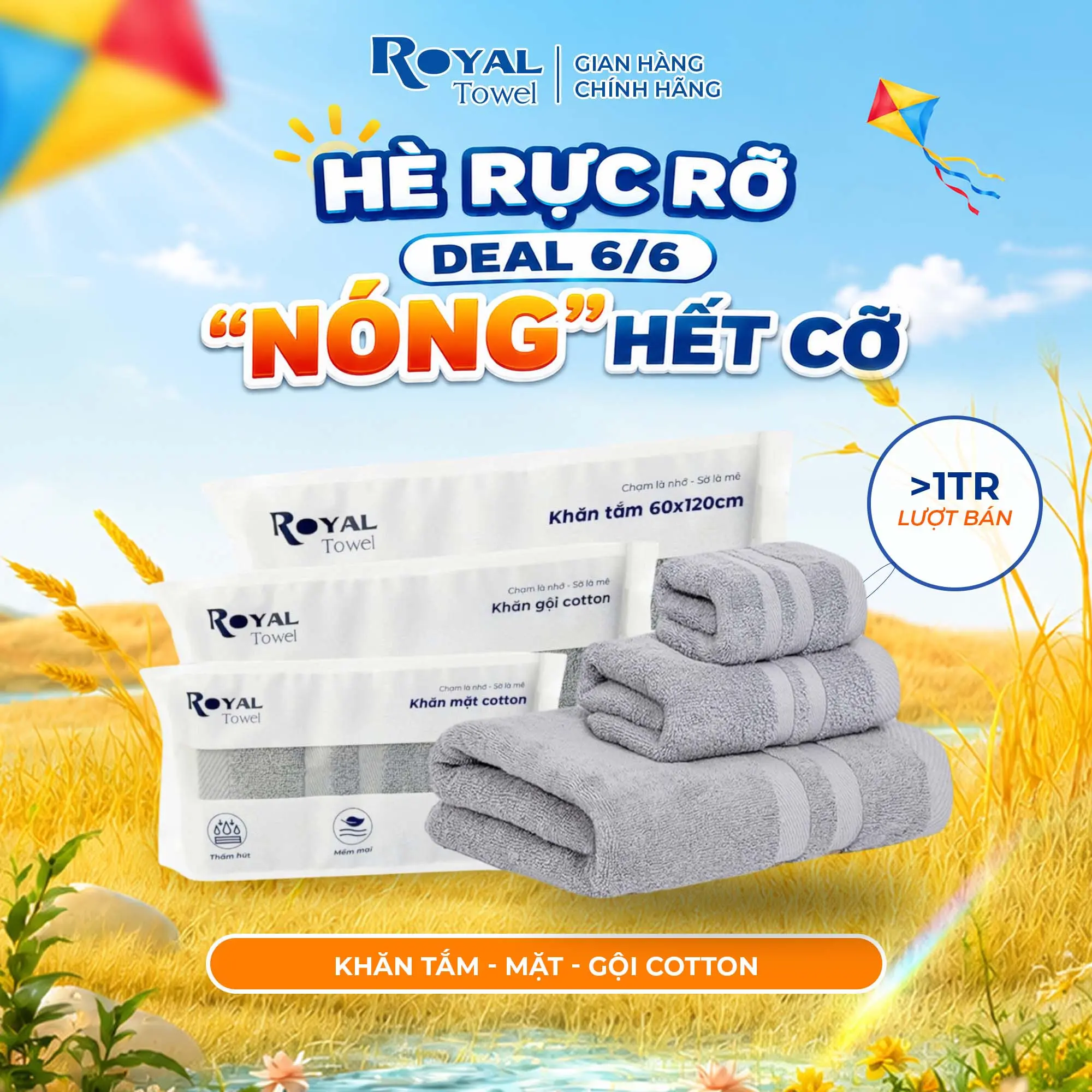 Khăn Tắm, Khăn Gội, Khăn Mặt Royal Towel Sợi Cotton Mềm Mịn, Thấm Hút Tốt, Không Xổ Lông, Không Phai Màu